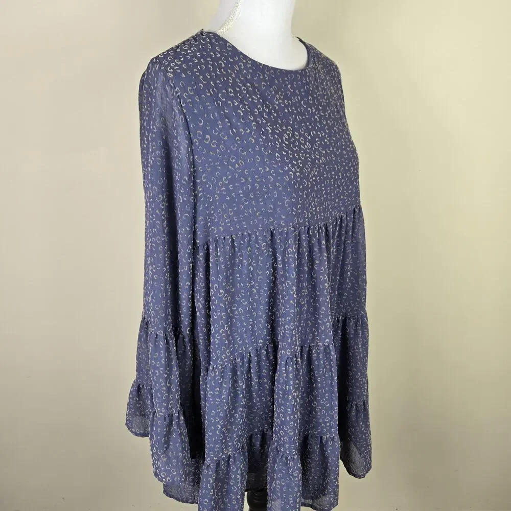 Altar'd State Dress Womens Large Blue Animal Print Bell Sleeve Tiered Trapeze